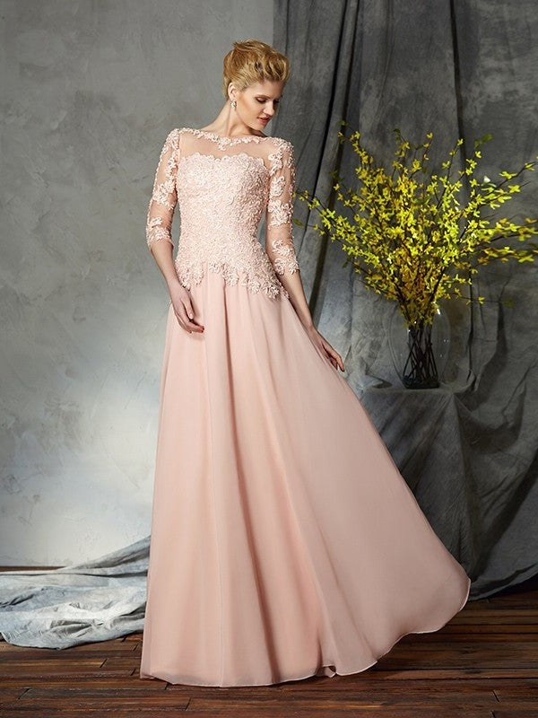 A-Line/Princess Scoop Applique 3/4 Sleeves Long Chiffon Mother of the Bride Dresses DFP0007131