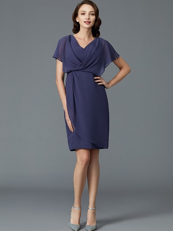 Sheath/Column V-neck Short Sleeves Chiffon Knee-Length Mother of the Bride Dresses DFP0007259