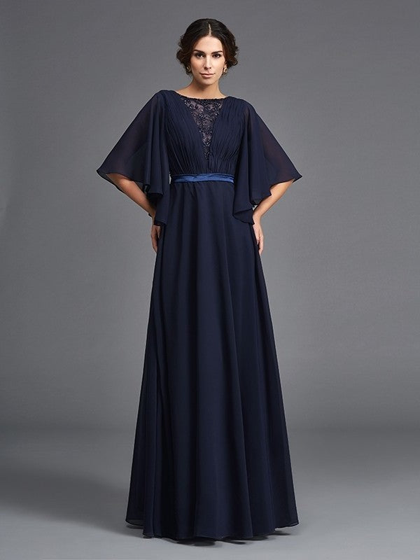 A-Line/Princess Scoop Beading 1/2 Sleeves Long Chiffon Mother of the Bride Dresses DFP0007348