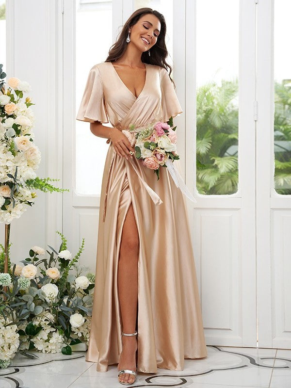 A-Line/Princess Silk like Satin Sash/Ribbon/Belt V-neck Short Sleeves Floor-Length Bridesmaid Dresses DFP0004897