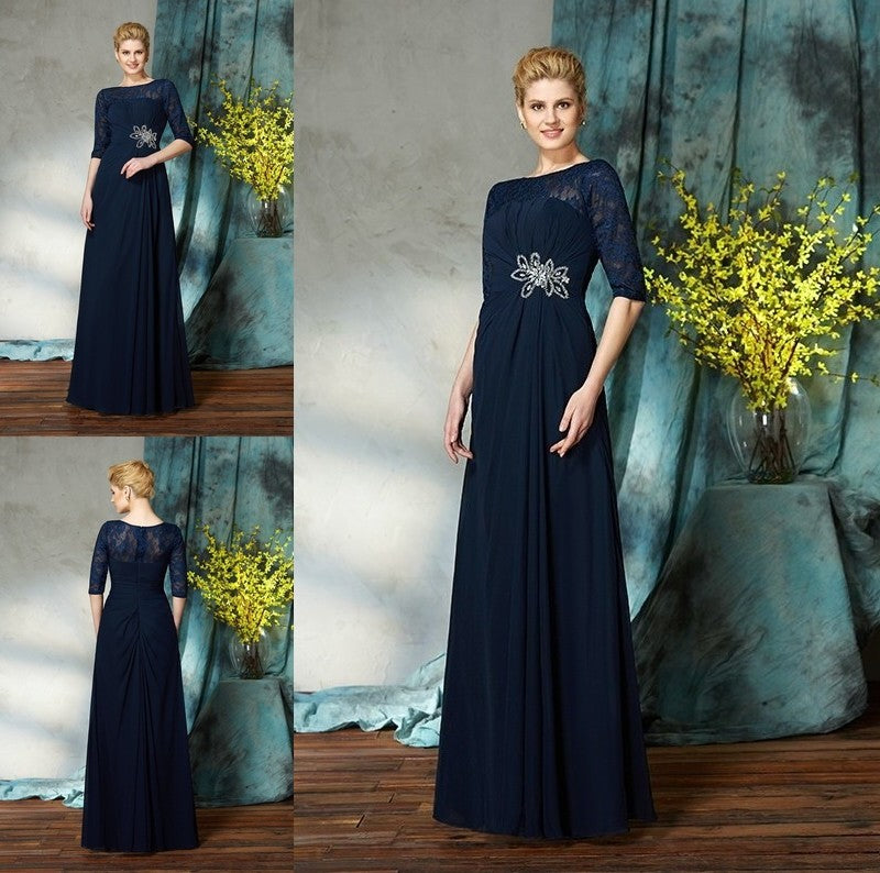 A-Line/Princess Bateau Beading 1/2 Sleeves Long Chiffon Mother of the Bride Dresses DFP0007338