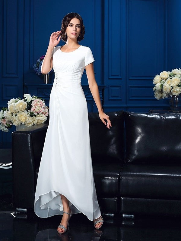 A-Line/Princess Scoop Short Sleeves High Low Chiffon Mother of the Bride Dresses DFP0007119