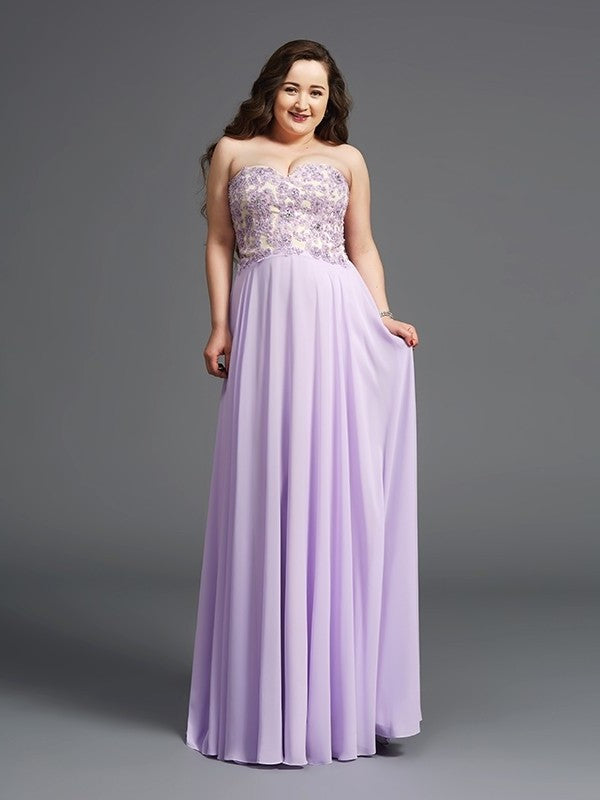 A-Line/Princess Sweetheart Lace Sleeveless Long Chiffon Plus Size Dresses DFP0003605