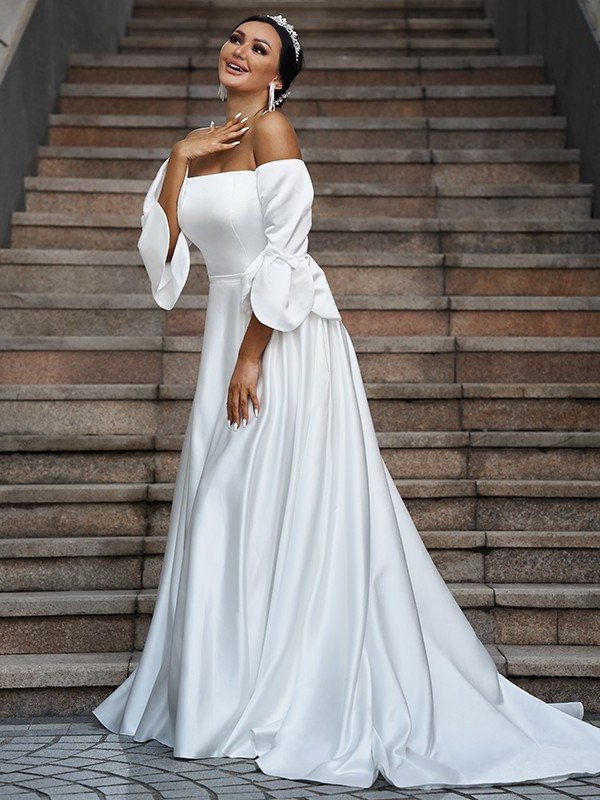 A-Line/Princess Charmeuse Ruffles Off-the-Shoulder 3/4 Sleeves Sweep/Brush Train Wedding Dresses DFP0006367