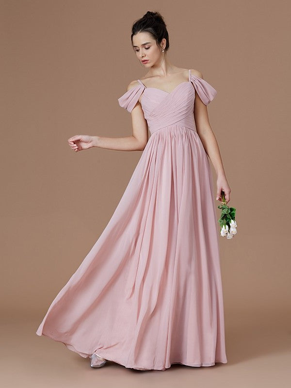 A-Line/Princess Off-the-Shoulder Sleeveless Ruched Floor-Length Chiffon Bridesmaid Dresses DFP0005324