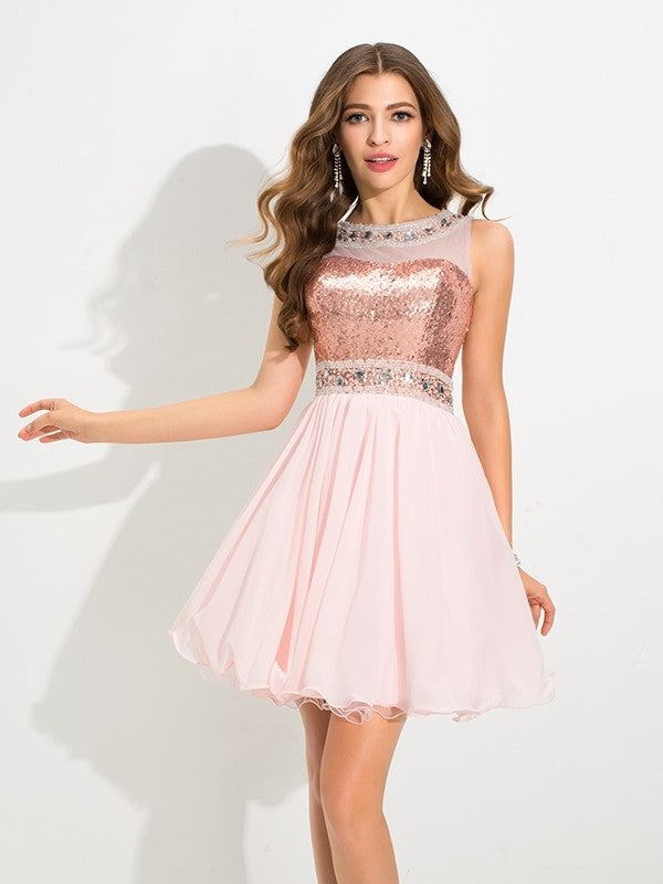 A-Line/Princess Sheer Neck Sequin Sleeveless Short Chiffon Cocktail Dresses DFP0002265