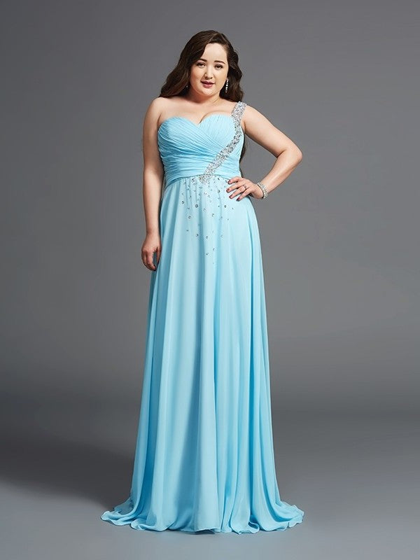 A-Line/Princess One-Shoulder Rhinestone Sleeveless Long Chiffon Plus Size Dresses DFP0004207