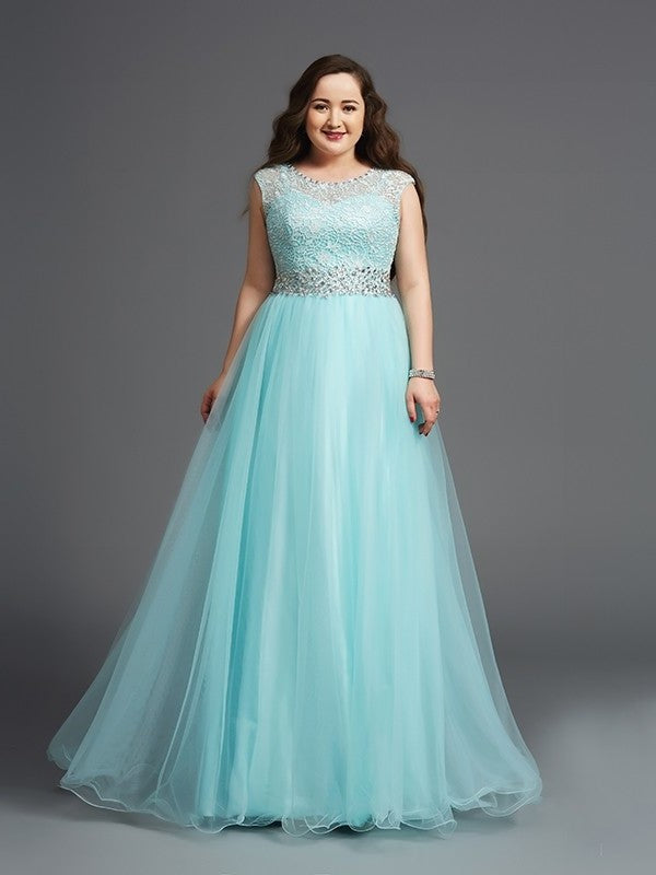 A-Line/Princess Scoop Rhinestone Sleeveless Long Tulle Plus Size Dresses DFP0002521