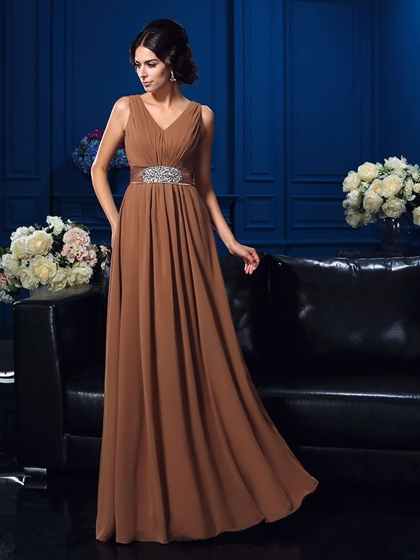 A-Line/Princess V-neck Pleats Sleeveless Long Chiffon Mother of the Bride Dresses DFP0007310