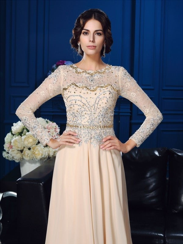 A-Line/Princess Scoop Beading Long Sleeves Long Chiffon Mother of the Bride Dresses DFP0007085