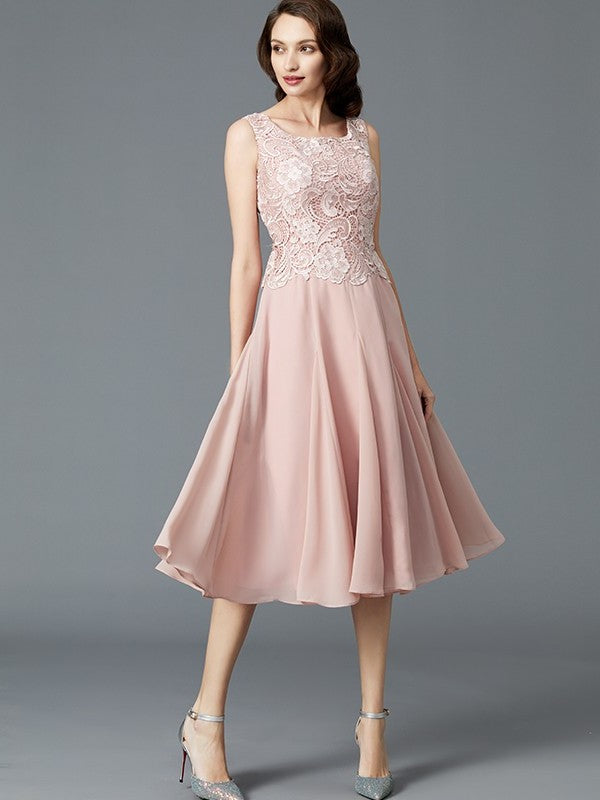 A-Line/Princess Sleeveless Scoop Tea-Length Chiffon Mother of the Bride Dresses DFP0007160