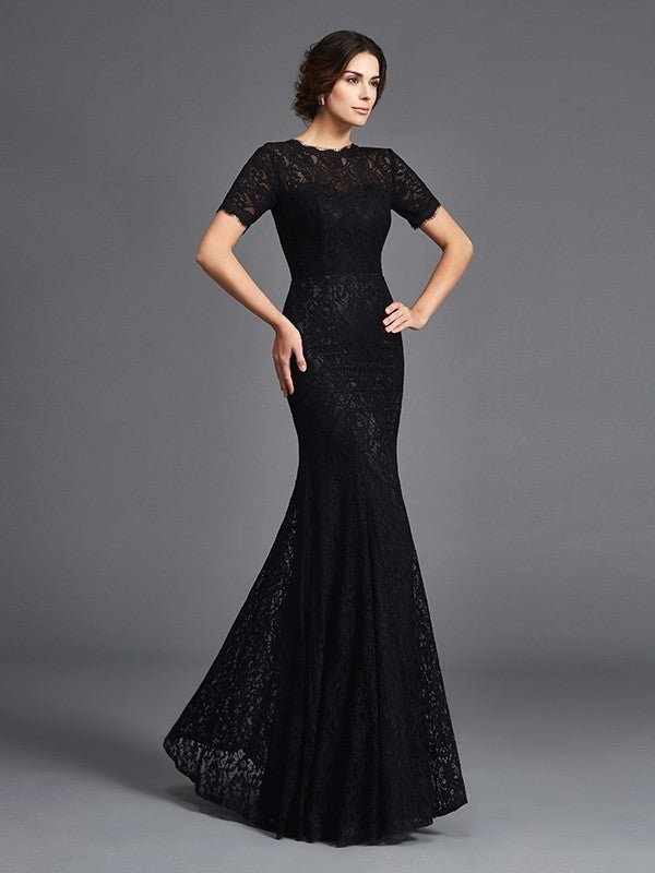 Sheath/Column Jewel Lace Short Sleeves Long Elastic Woven Satin Mother of the Bride Dresses DFP0007142