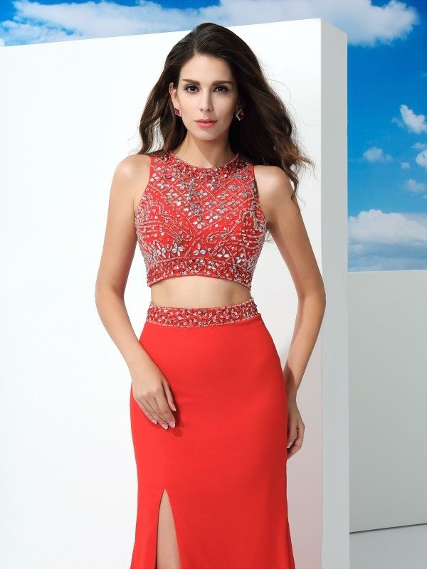 Sheath/Column Scoop Beading Sleeveless Long Chiffon Two Piece Dresses DFP0002940