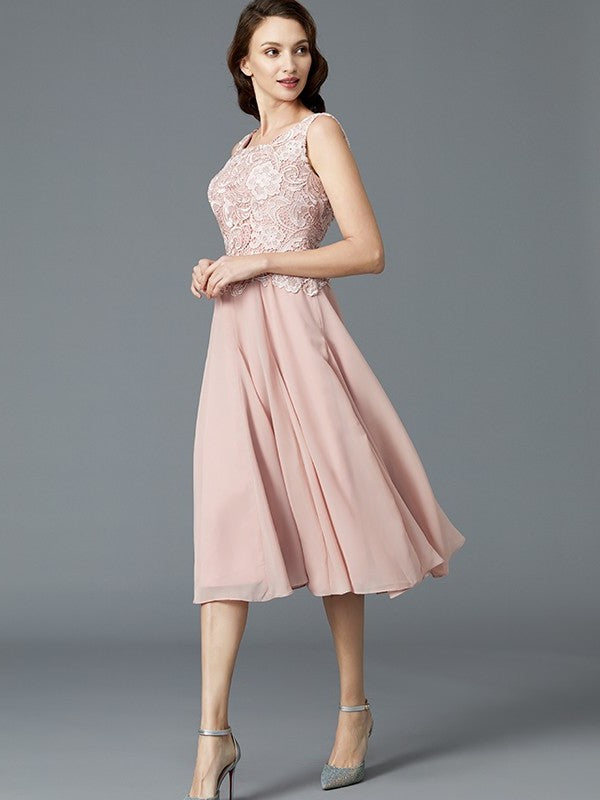 A-Line/Princess Sleeveless Scoop Tea-Length Chiffon Mother of the Bride Dresses DFP0007160