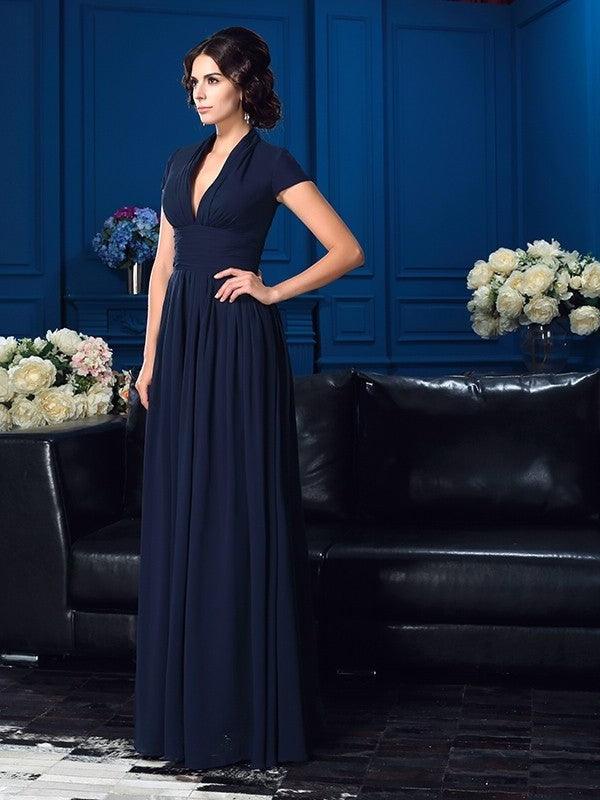 A-Line/Princess V-neck Applique Short Sleeves Long Chiffon Mother of the Bride Dresses DFP0007094