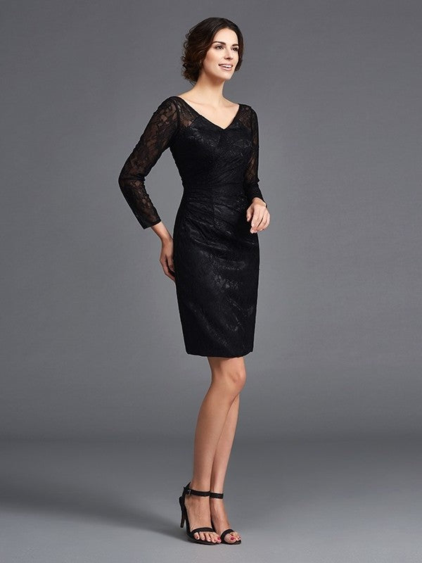 Sheath/Column V-neck Lace Long Sleeves Short Elastic Woven Satin Mother of the Bride Dresses DFP0007400