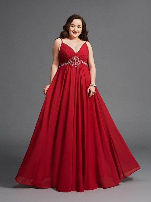 A-Line/Princess Spaghetti Straps Beading Sleeveless Long Chiffon Plus Size Dresses DFP0002460