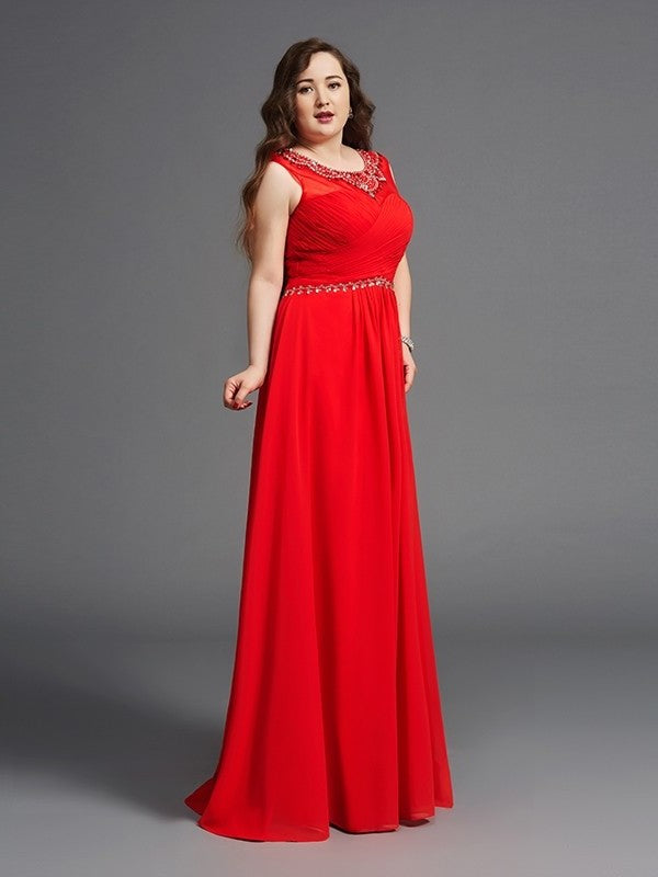 A-Line/Princess Scoop Beading Sleeveless Long Chiffon Plus Size Dresses DFP0003655