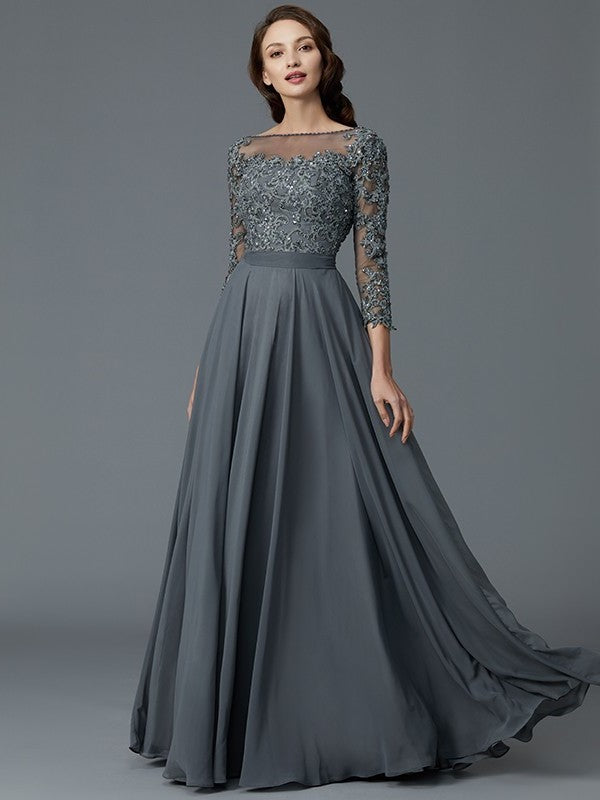 A-Line/Princess 3/4 Sleeves Bateau Floor-Length Chiffon Mother of the Bride Dresses DFP0007092