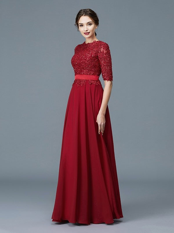 A-Line/Princess Scoop 1/2 Sleeves Chiffon Applique Floor-Length Mother of the Bride Dresses DFP0007199