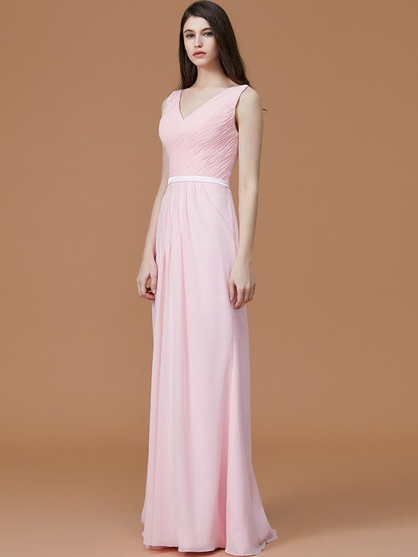 A-Line/Princess V-neck Sleeveless Floor-Length Ruched Chiffon Bridesmaid Dresses DFP0005284