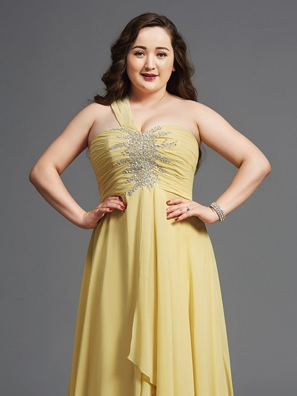 A-Line/Princess One-Shoulder Rhinestone Sleeveless Long Chiffon Plus Size Dresses DFP0003729