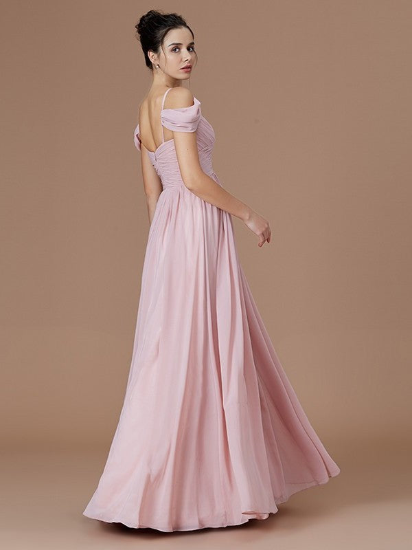 A-Line/Princess Off-the-Shoulder Sleeveless Ruched Floor-Length Chiffon Bridesmaid Dresses DFP0005324