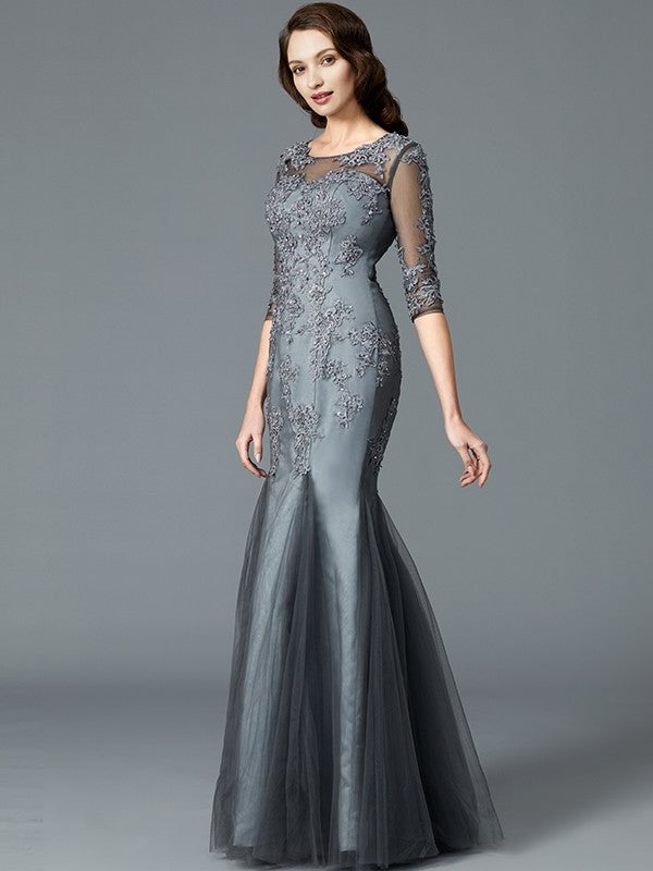 Sheath/Column Scoop Applique 1/2 Sleeves Tulle Floor-Length Mother of the Bride Dresses DFP0007147