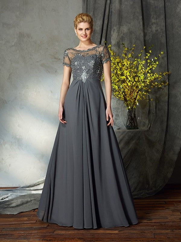 A-Line/Princess Scoop Applique Short Sleeves Long Chiffon Mother of the Bride Dresses DFP0007108