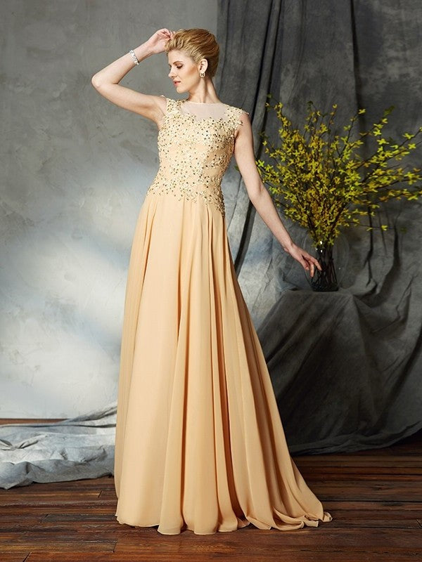 A-Line/Princess Scoop Applique Sleeveless Long Chiffon Mother of the Bride Dresses DFP0007368