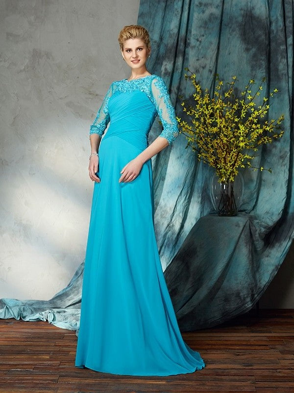 A-Line/Princess Bateau Applique 3/4 Sleeves Long Chiffon Mother of the Bride Dresses DFP0007256