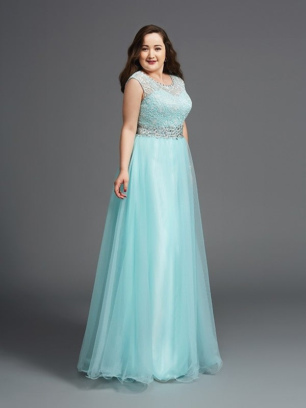 A-Line/Princess Scoop Rhinestone Sleeveless Long Tulle Plus Size Dresses DFP0002521