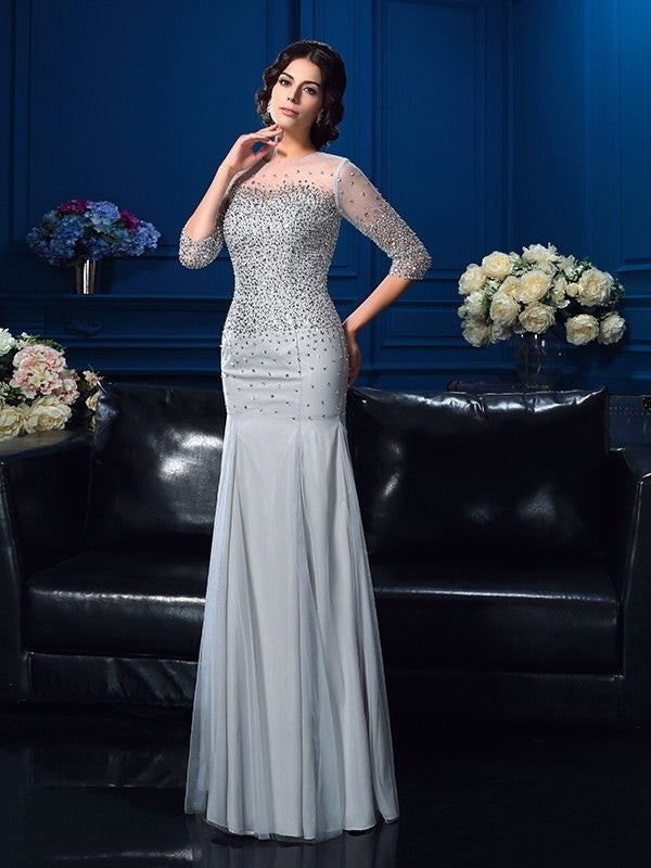 Sheath/Column Scoop Beading 3/4 Sleeves Long Net Mother of the Bride Dresses DFP0007137