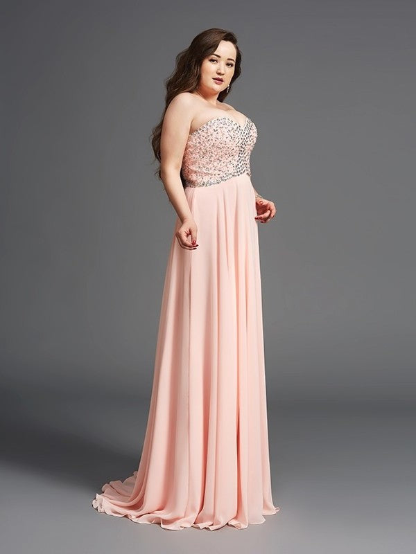 A-Line/Princess Sweetheart Beading Sleeveless Long Chiffon Plus Size Dresses DFP0003818