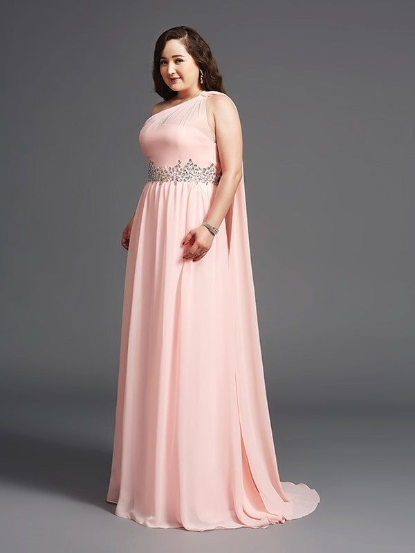 A-Line/Princess One-Shoulder Rhinestone Sleeveless Long Chiffon Plus Size Dresses DFP0002809