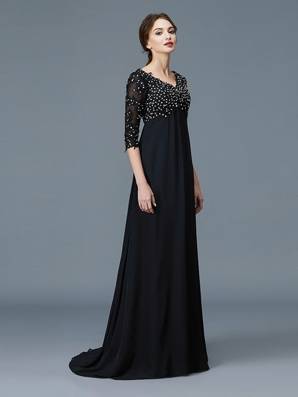 A-Line/Princess V-neck 1/2 Sleeves Beading Chiffon Floor-Length Mother of the Bride Dresses DFP0007218