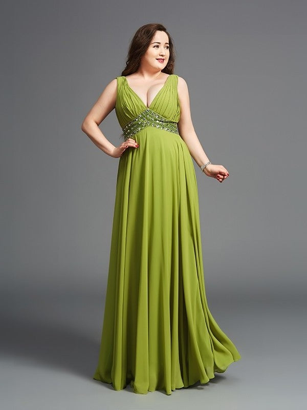 A-Line/Princess Straps Rhinestone Sleeveless Long Chiffon Plus Size Dresses DFP0003333