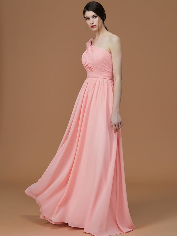 A-Line/Princess One-Shoulder Sleeveless Floor-Length Ruched Chiffon Bridesmaid Dresses DFP0005701