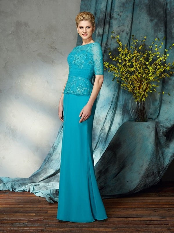 Sheath/Column Bateau Applique 1/2 Sleeves Long Chiffon Mother of the Bride Dresses DFP0007431