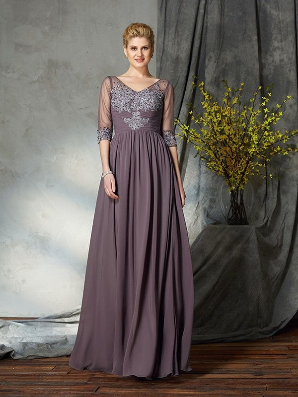 A-Line/Princess V-neck 1/2 Sleeves Long Chiffon Mother of the Bride Dresses DFP0007305