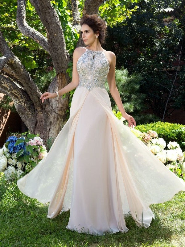 A-Line/Princess Spaghetti Straps Beading Sleeveless Long Chiffon Dresses DFP0002120