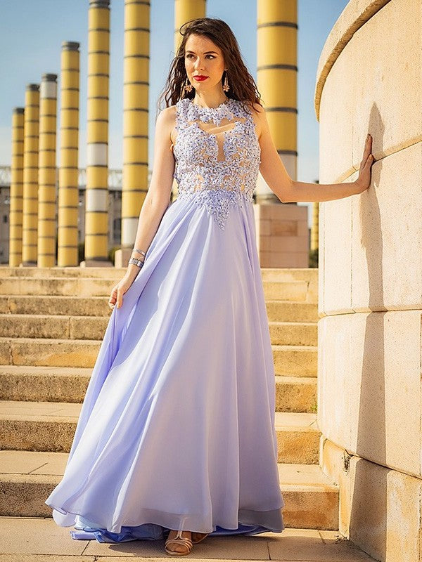 A-Line/Princess Sleeveless Applique Chiffon Scoop Sweep/Brush Train Dresses DFP0001646