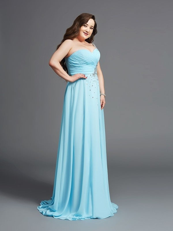 A-Line/Princess One-Shoulder Rhinestone Sleeveless Long Chiffon Plus Size Dresses DFP0004207