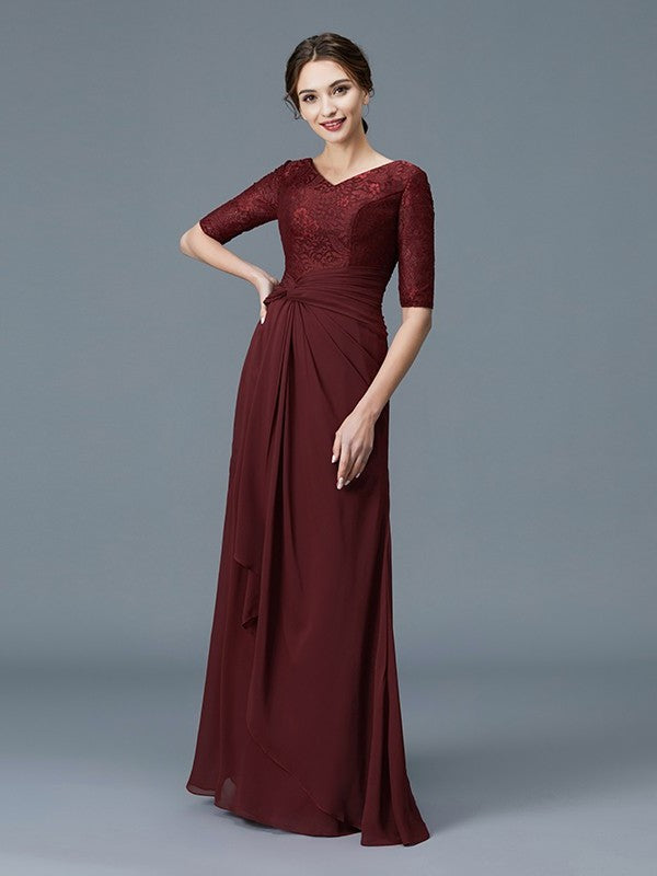 A-Line/Princess V-neck 1/2 Sleeves Ruffles Chiffon Floor-Length Mother of the Bride Dresses DFP0007046