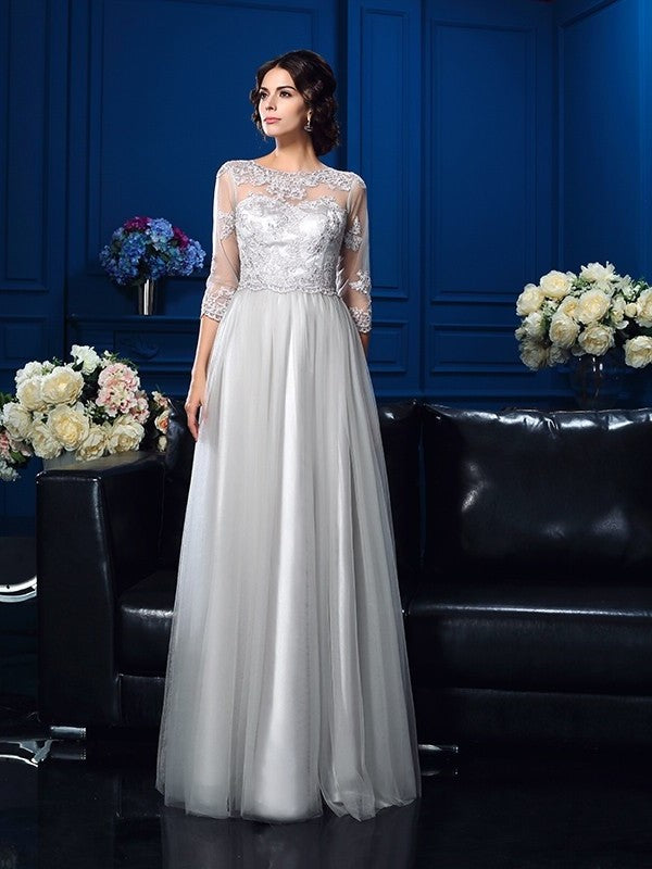 A-Line/Princess Scoop Applique 3/4 Sleeves Long Elastic Woven Satin Mother of the Bride Dresses DFP0007198