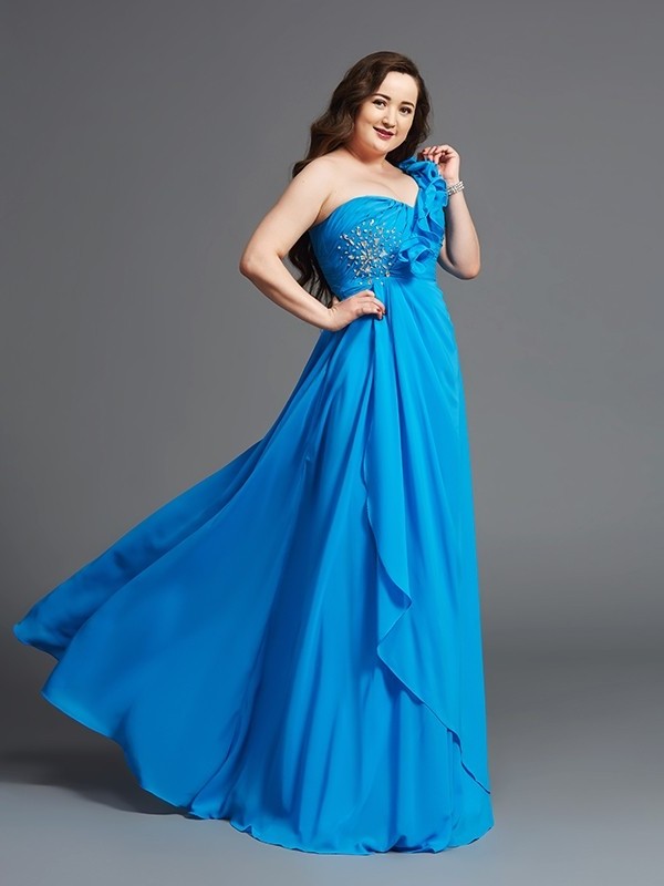 A-Line/Princess One-Shoulder Rhinestone Sleeveless Long Chiffon Plus Size Dresses DFP0004258