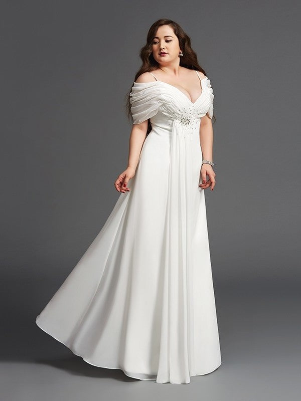 A-Line/Princess Off-the-Shoulder Ruched Short Sleeves Long Chiffon Plus Size Dresses DFP0001920