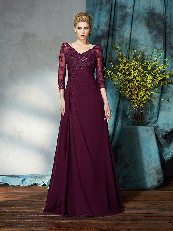 A-Line/Princess V-neck Beading 3/4 Sleeves Long Chiffon Mother of the Bride Dresses DFP0007150