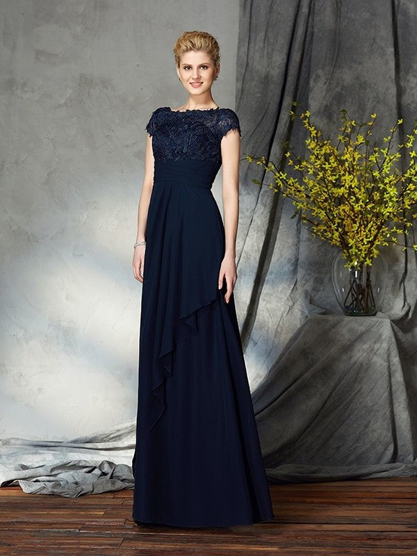 A-Line/Princess Bateau Applique Short Sleeves Long Chiffon Mother of the Bride Dresses DFP0007264