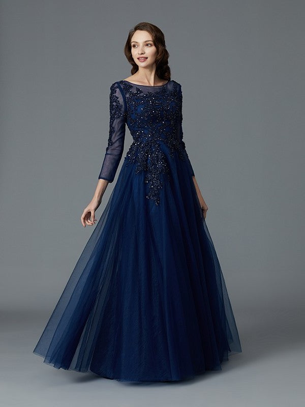 A-Line/Princess Long Sleeves Scoop Beading Floor-Length Tulle Mother of the Bride Dresses DFP0007069